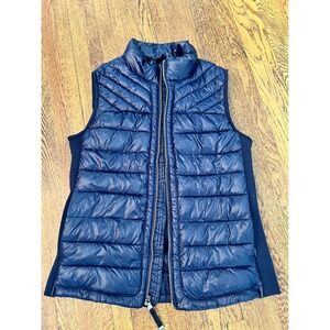 Gap Womens Navy Blue Primaloft Puffer Vest Size S Ribbed Side Panels Full Zip